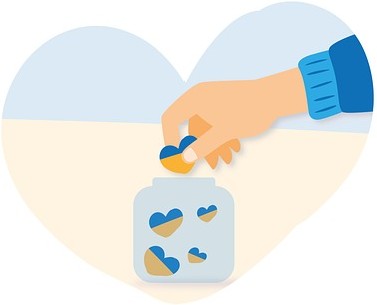 Ilustração de uma mão colocando um coração em um pote, simbolizando doação e solidariedade.